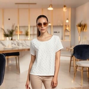 W5 Womens Top XL White Textured Polka Dot Blouse Short Sleeve Zip Back Bateau G+